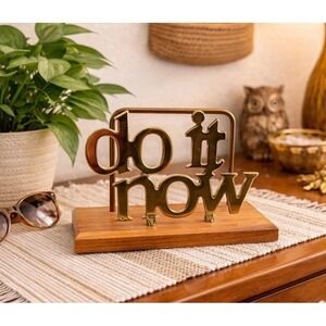 Vintage Brass "Do It Now" Letter Holder on Oak Base – 9x5 Desk Organizer MCM